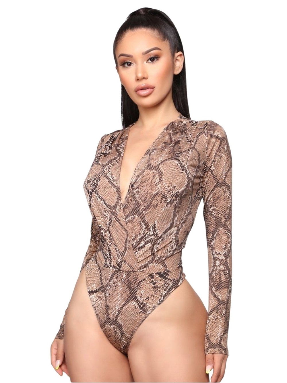 Zara - Snake-Print Long Sleeve Deep V Neck Bodysuit